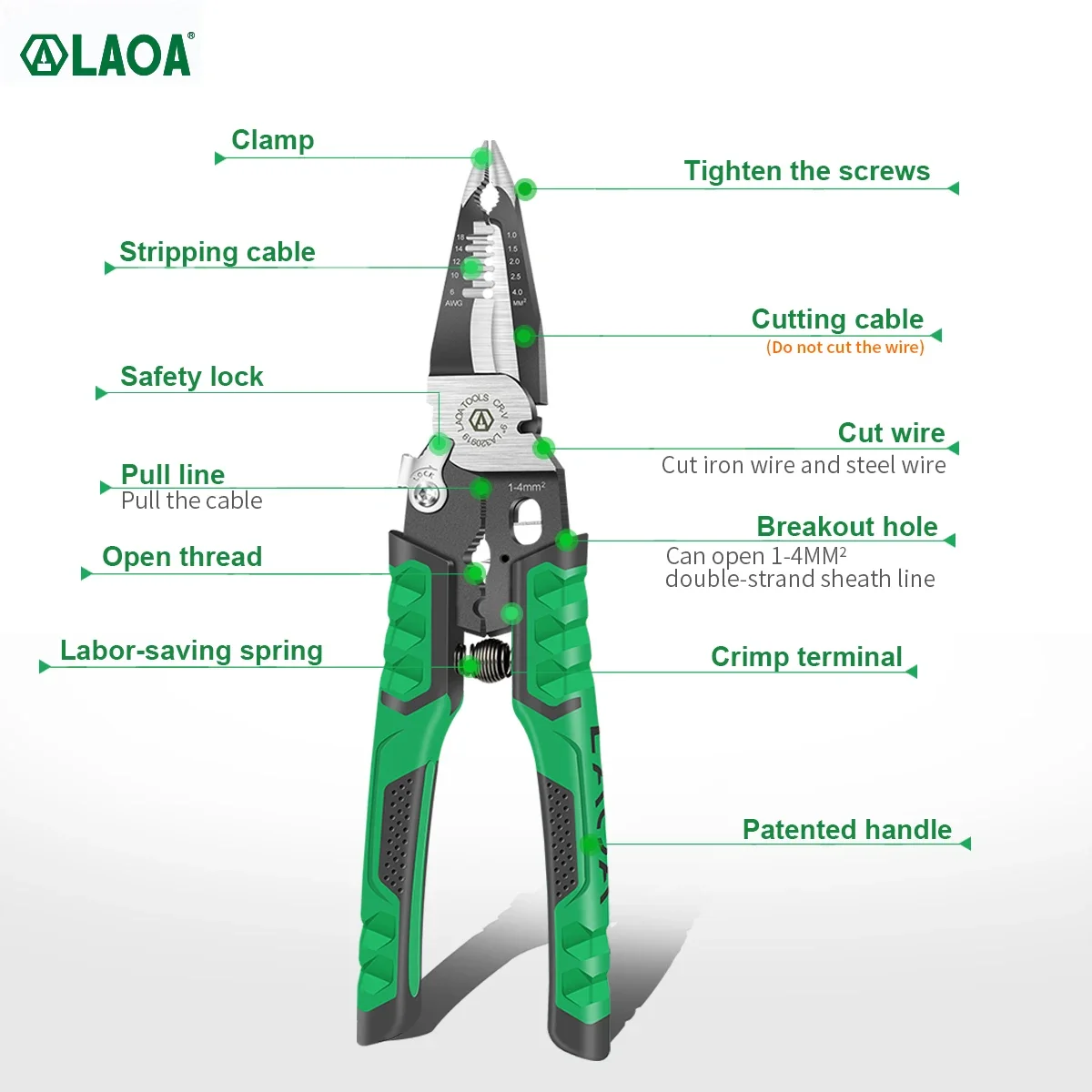 LAOA 9 in 1 electrician pliers multifunctional pointed nose pliers wire stripping pliers cable cutter terminal crimping tool