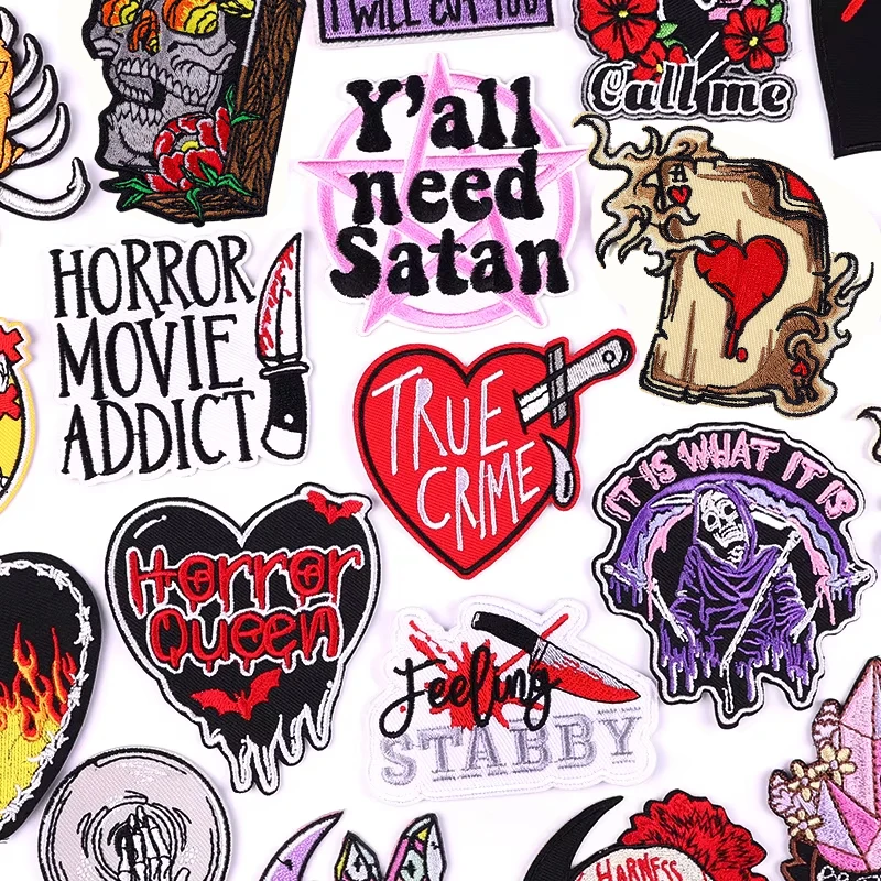 Horror Movie Embroidry Patch Punk Letter Patch Iron On Patches On Clothing Skull Ghost Embroidered Patches On Clothes Jacket DIY