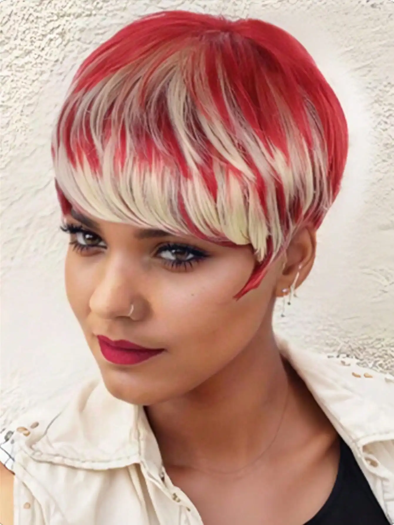 Short Pixie Cut Wigs For Black Women Red and white Pixie Cut Wig With Bangs Short Pixie HairCut Wigs Red Synthetic Wigs