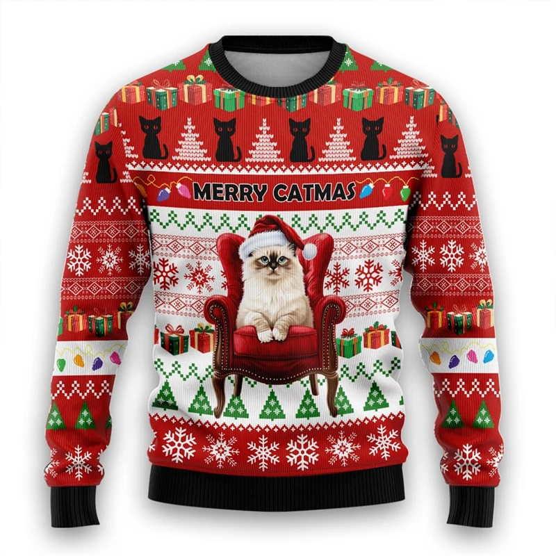 Cat Lover Ugly Christmas Sweater Merry Catmas Graphic Sweatshirts Ragdoll Cat Kitten Pullovers Pet Cats Unisex Pullover Sweaters