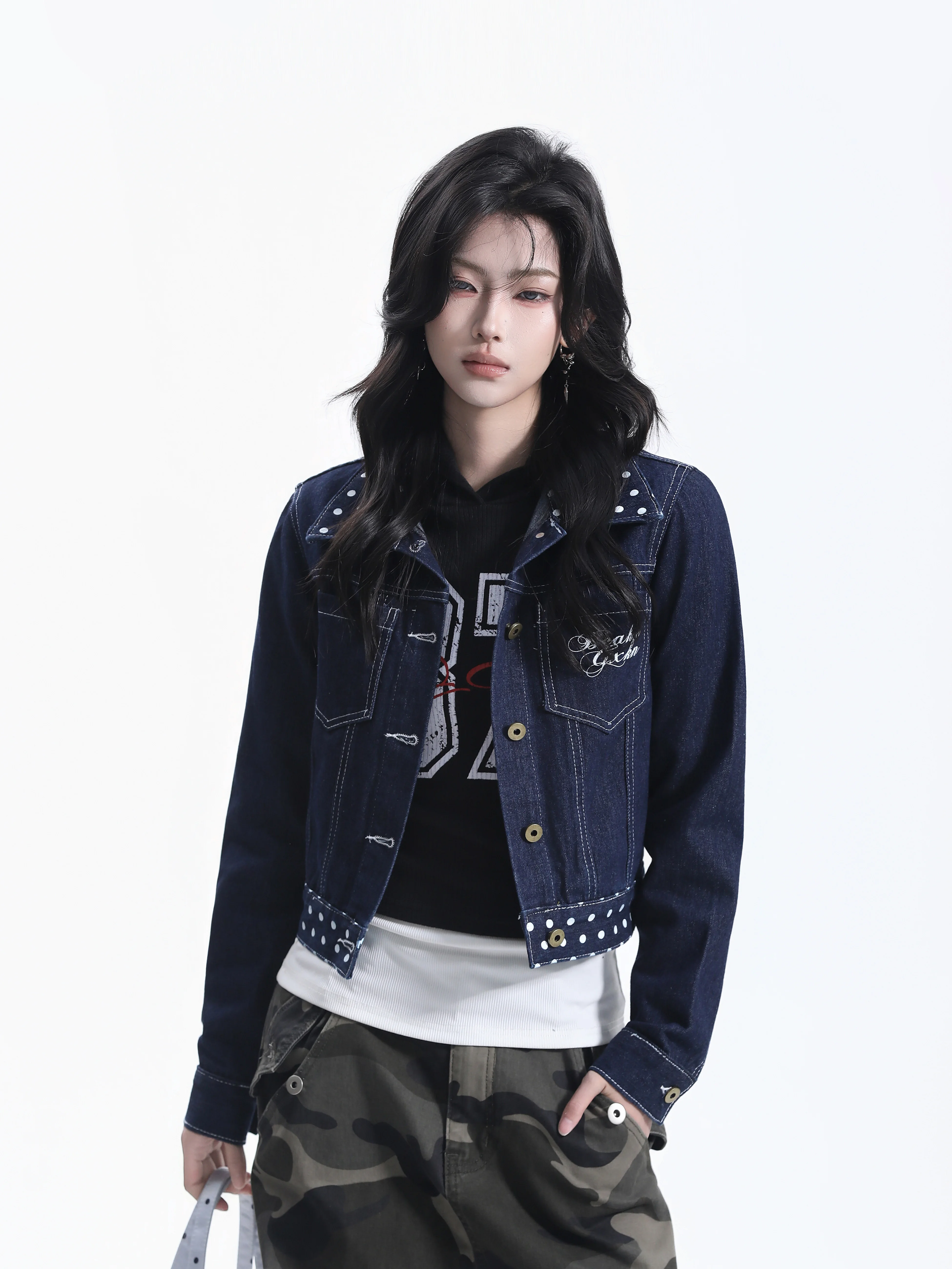 American Style Short Collar Jacket Women's Polka Dot Letter Embroidery Versatile College Denim Jacket Cotton Blend Long Sleeve