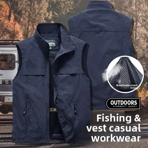 Imagen 1 del producto Chaleco ligero para hombre, chaqueta, chalecos de Color sólido, chaleco fino para senderismo y pesca, abrigo con cuello levantado y hombros, chaqueta sin mangas para jóvenes