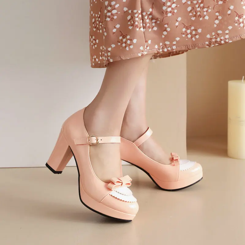 Bright Yellow Purple Closed Toe Pink Girls Cosplay Lolita Shoes Patchwork Bowtie Knot Design Cute Women Mary Janes Pumps Heels
