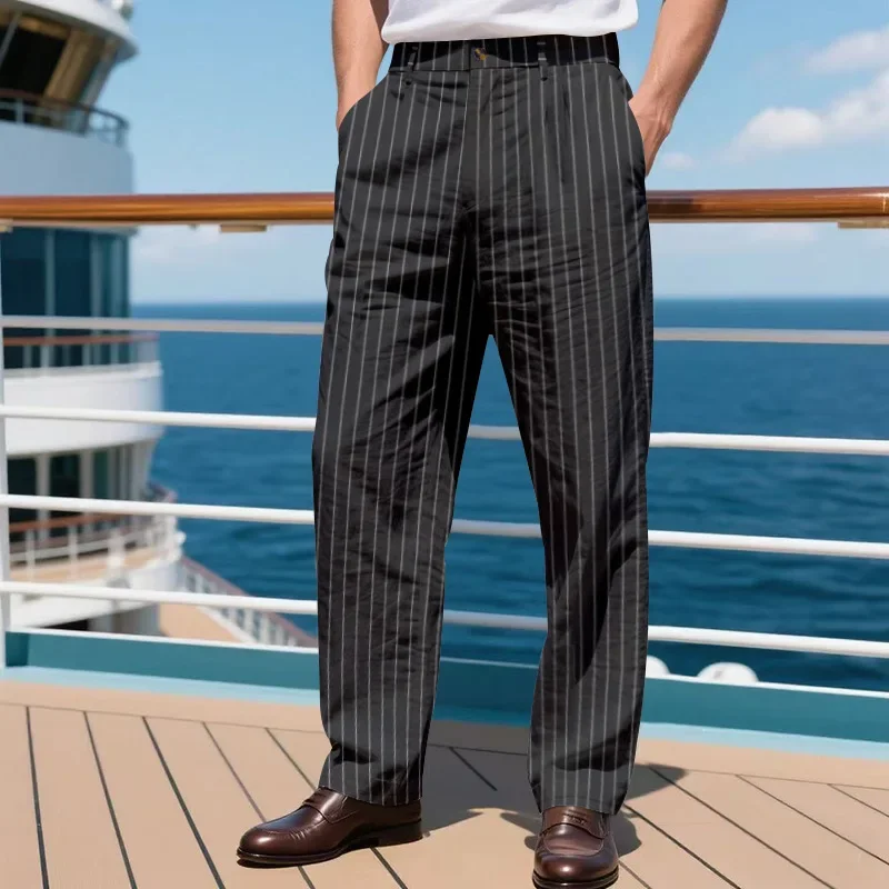 

Loose Breathable Simple Men's Pants Summer Thin Linen Striped Straight Men Casual Pants Trousers