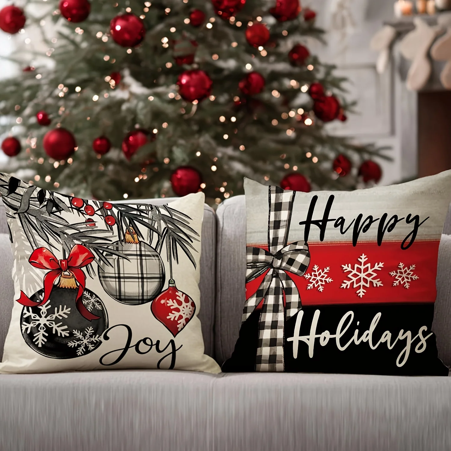 4pcs Christmas Tree Pillow Covers – Festive Ornaments Snowflakes & Buffalo Plaid Bow, Winter Holiday Decor for Sofa & Home