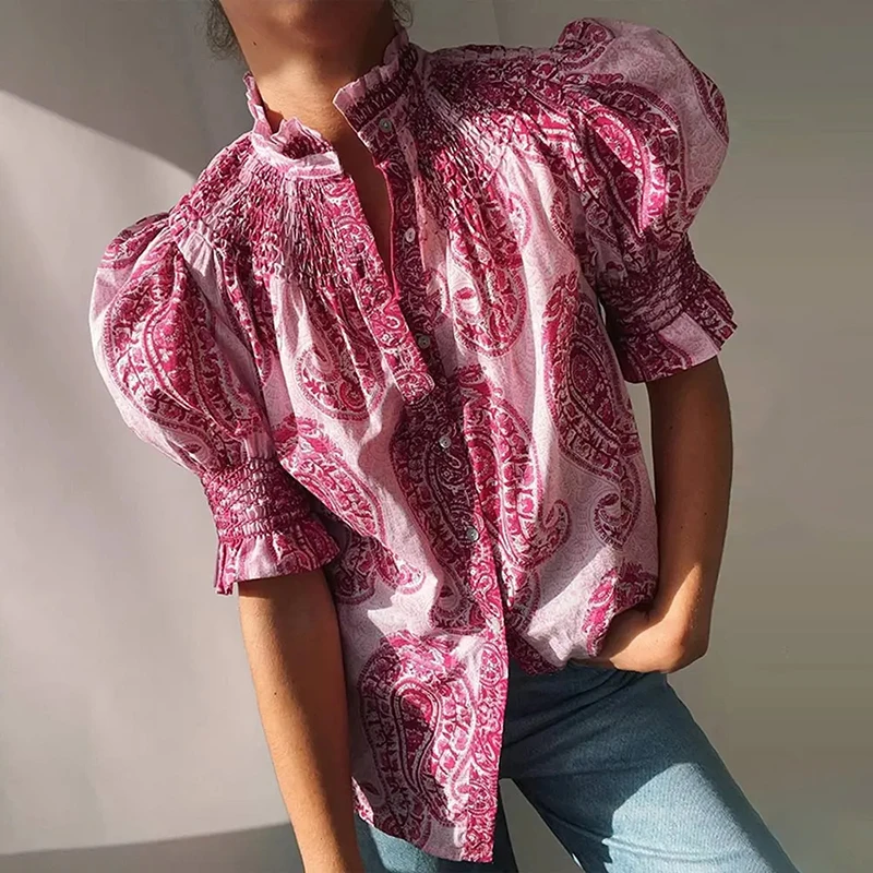 Vintage Ethnic Print Women\'s Pleated Blouse Chic Ruched Stand Neck Short Puff Sleeves Buttons Shirts 2024 Ladies Elegant Streetw