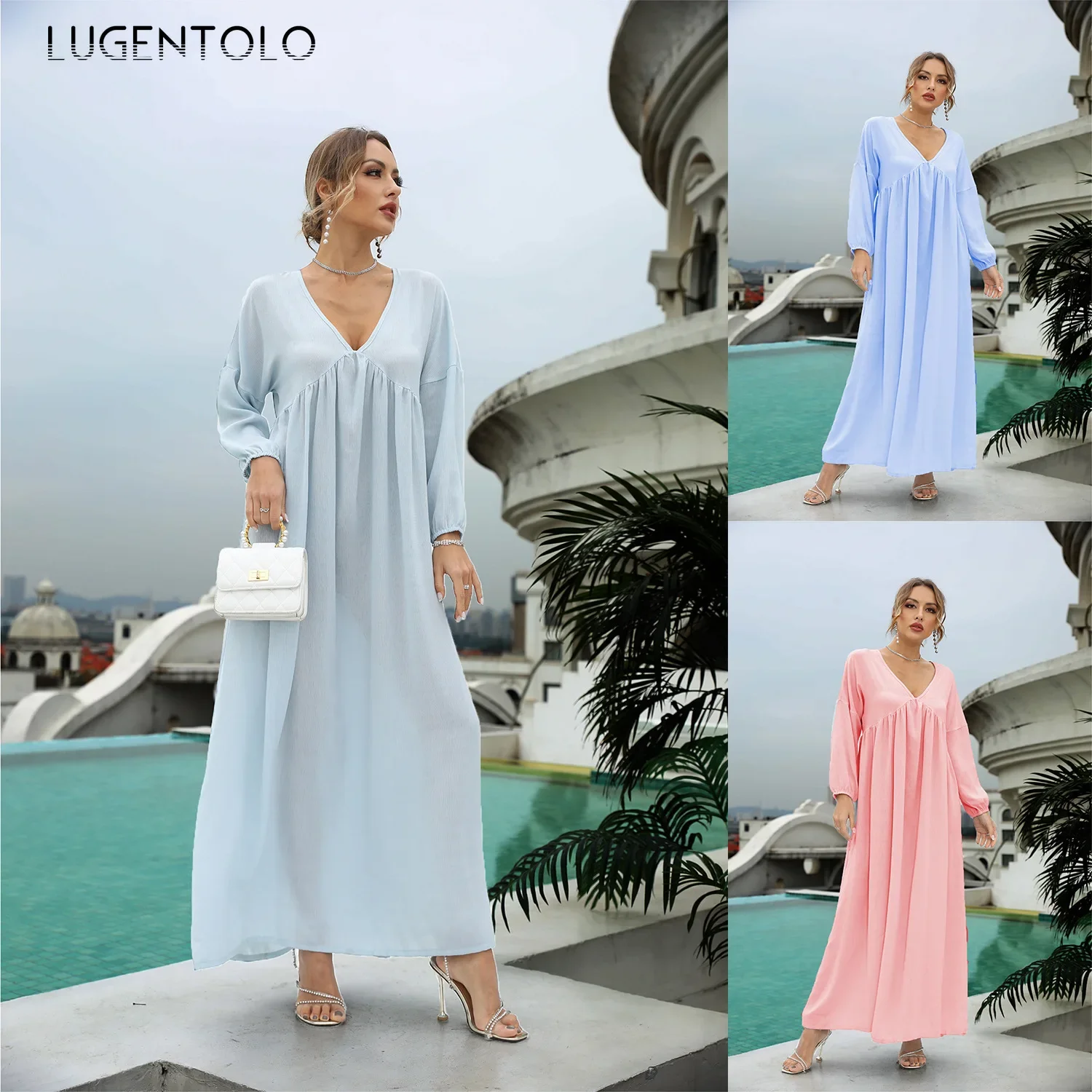 Moda abito in Chiffon donna manica lunga scollo a v solido sciolto signora Casual primavera autunno nuovo grande Swing Street panno semplice