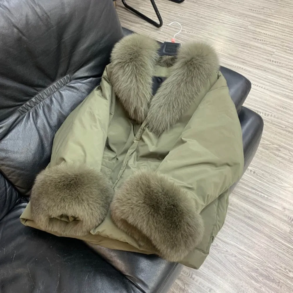 

2025 Winter Women Real Fox Fur Collar Down Jacket Drawstring Natural Fur Luxury Outwear Loose Warm Female white Goose Down Coat