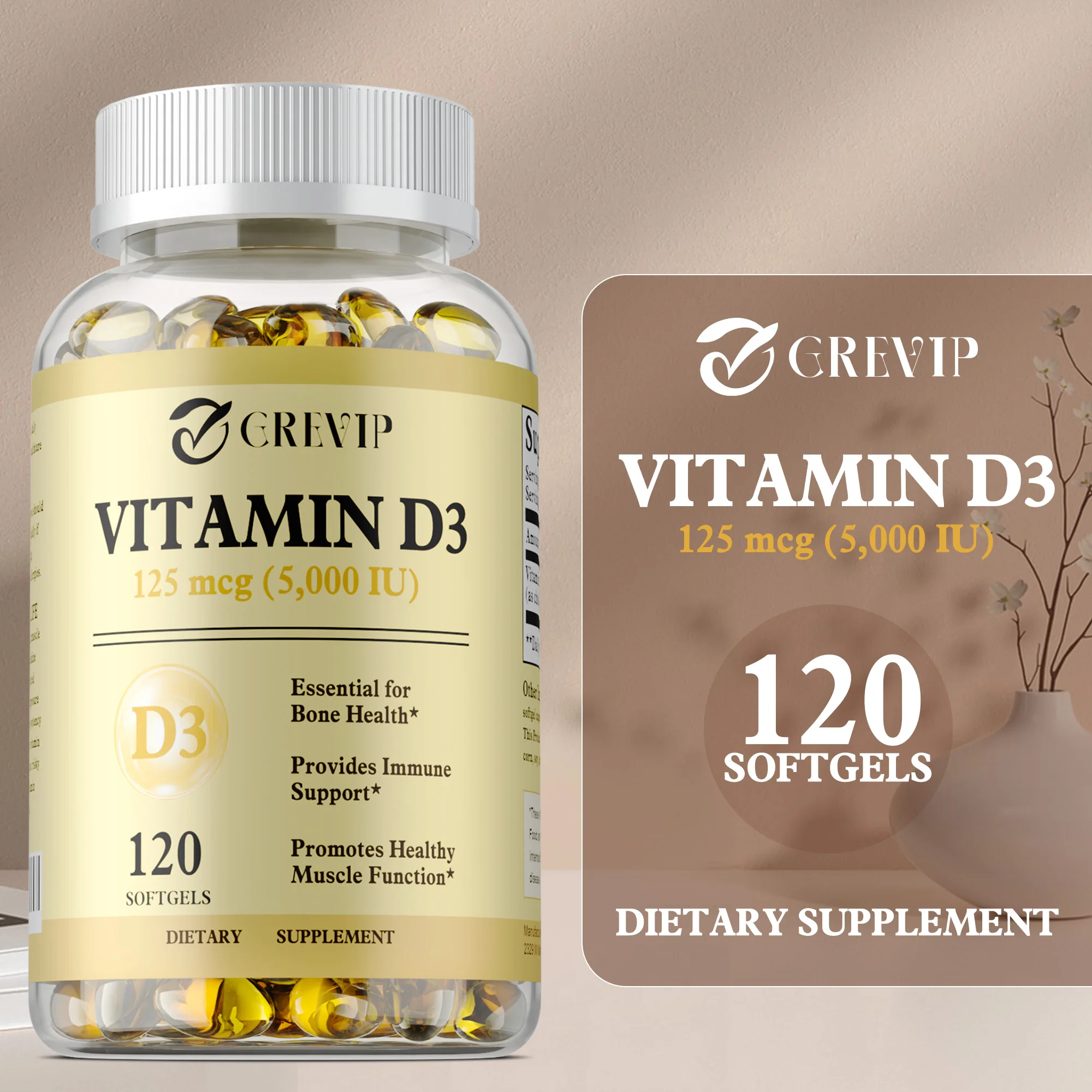 

Vitamin D3 Capsules - Calcium Absorption, Maintains Strong Bones and Teeth, Enhances Immunity, Supports Muscle Growth