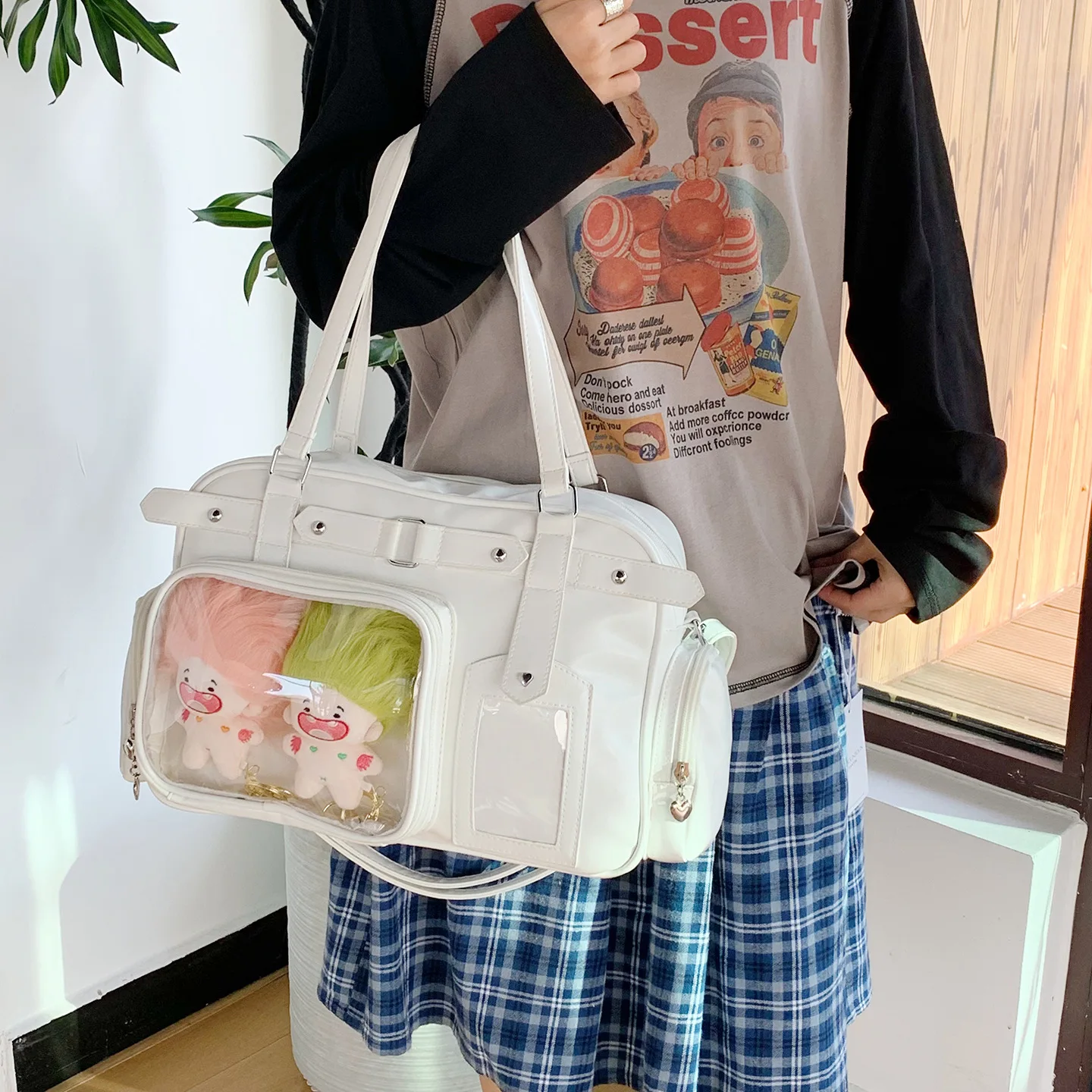 Ita Bag for Women Anime Cartoon Transparent Pocket Itabag PU Leather Black White Purple Blue Silver Casual Daily School Gift