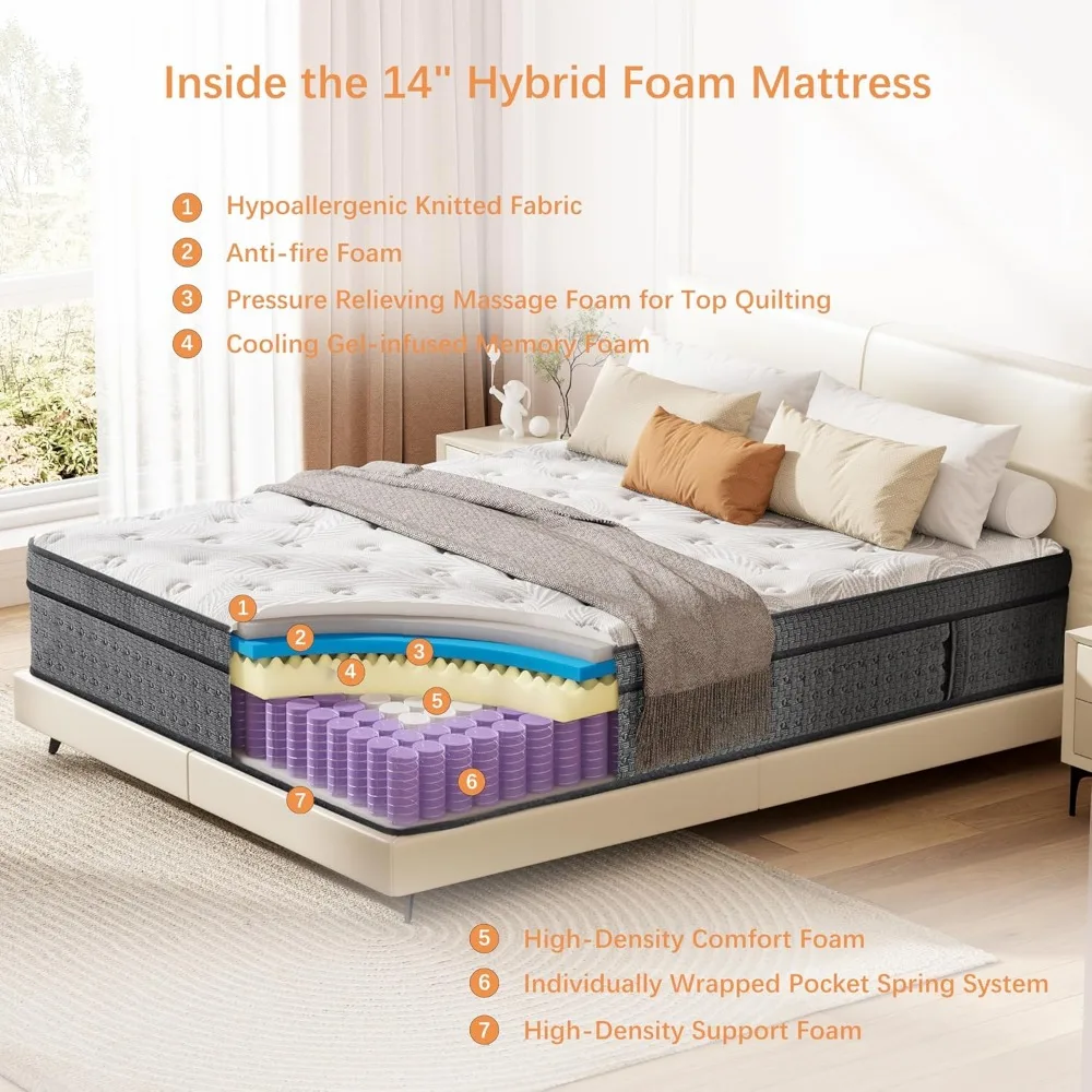 Hybrid Queen Mattress 14 Inches Medium Firm Cooling Gel Memory Foam Independent Spring Mattress in a Box for Comfortable Sleep