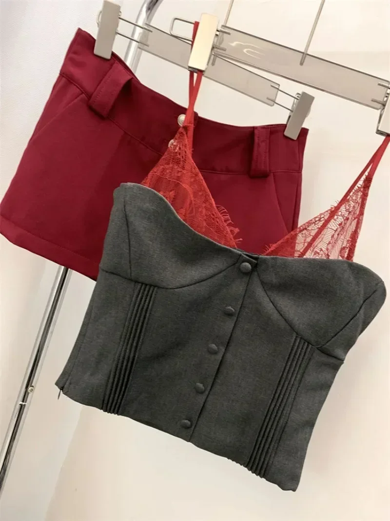 Miiiiix puro desejo renda retalhos sexy cor contrastante sem mangas camisola colete verão novo fino ajuste saia conjunto de duas peças