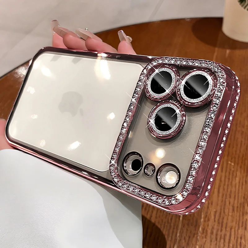 Luxuriöse Bling-Kristall-Linsenschutzfolie Handyhülle für iPhone 11 12 13 14 15 16 17 18 Pro Max Plus Air Stoßfeste Silikon-Bumper-Hülle – Detail 13