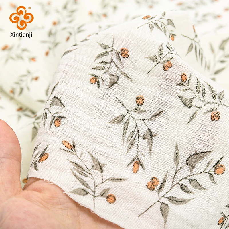 Tissu en gaze de coton doux 100x135cm, imprimé feuilles de plantes, Double couche de gaze pour enfants, pantalons à fleurs, pyjama, matériel de bricolage au mètre