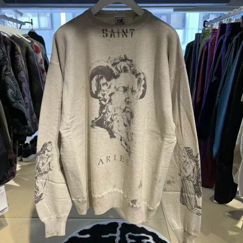 Vintage broken holes oversized pattern print Saint round neck sweatshirt Sweatshirt men's women's beige old Sweatshirt