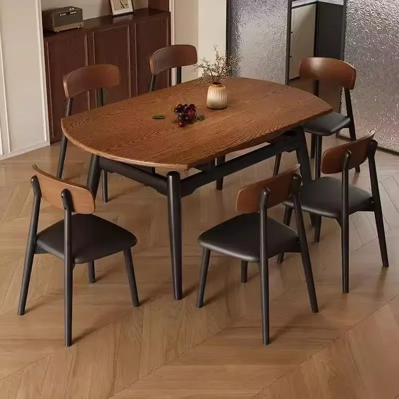 New Medieval Retractable Solid Wood Dining Table and Chair Set Small Apartment Folding Dual Purpose Ash Wood Grain Retro
