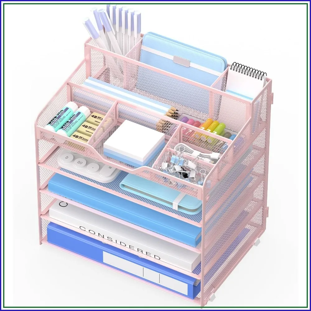 5-Tier Mesh Desk Organizer with Pen Holders & Adjustable Compartments - Pink, Space-Saving Office Storage