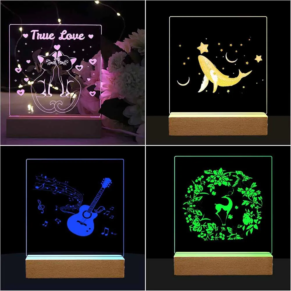 Lampu LED Kayu dengan Lampu Malam USB Akrilik DIY 3/7 Warna Dekorasi Rumah Hadiah Natal Anak-anak Lampu Suasana Keluarga Orang Tua