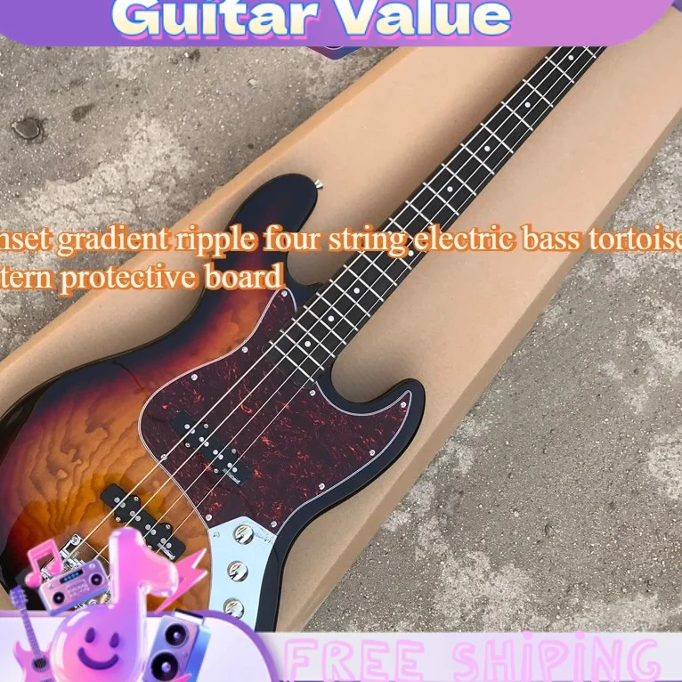Sunset Gradient Ripple Four String Bass Hot Electric Guitar Mahogany Body Tortoiseshell Pattern Protective Board Free Shipping
