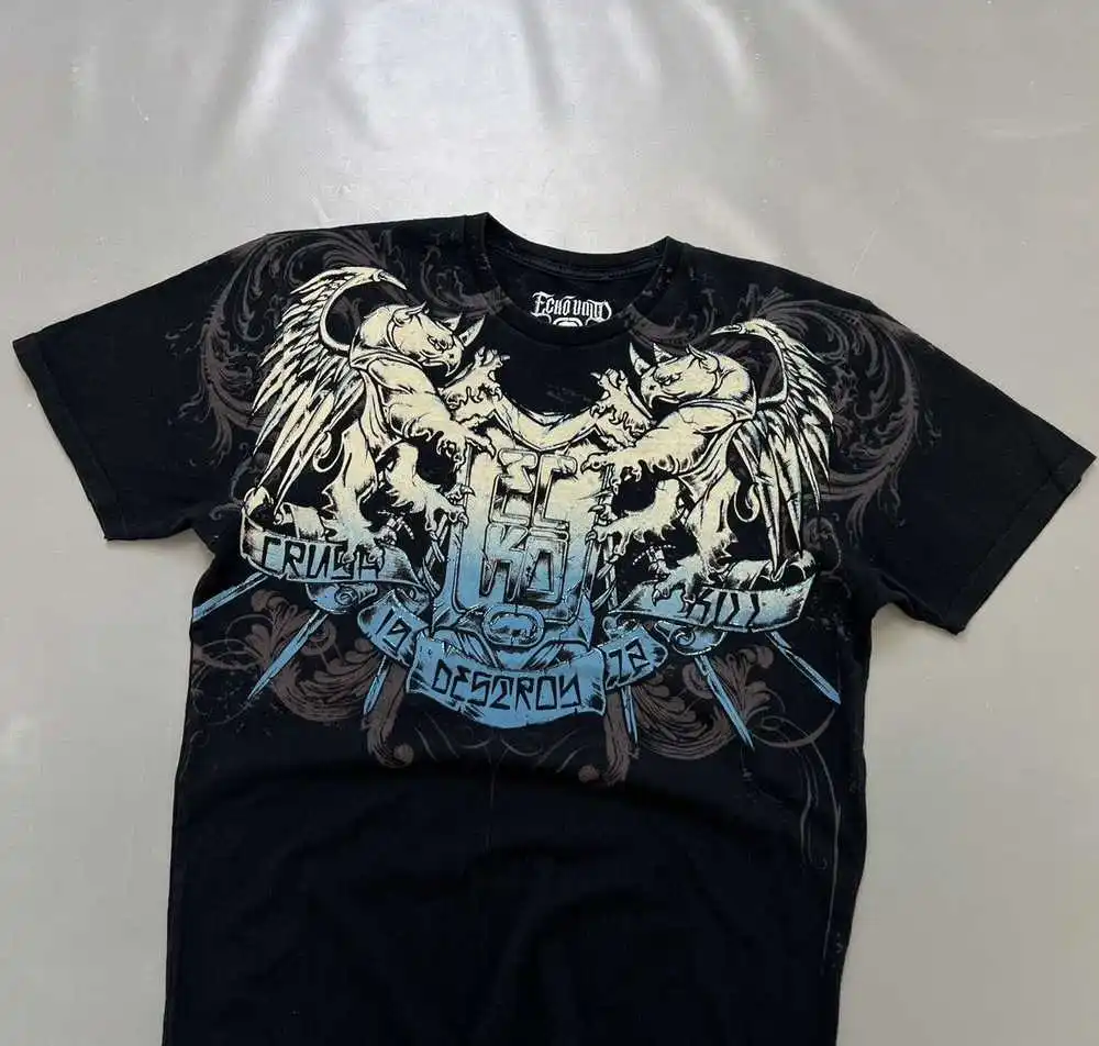 Ecko Metallic Dragon Pattern Washed Relaxed Loose-fitting T-shirt, Fashionable and Trendy Unisex Short-sleeved