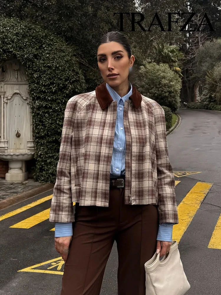 TRAFZA-Veste Courte à Carreaux pour Femme, Haut Rétro à Revers, Manches sulf, Poches, Fermeture Éclair, Streetwear, Printemps 2025