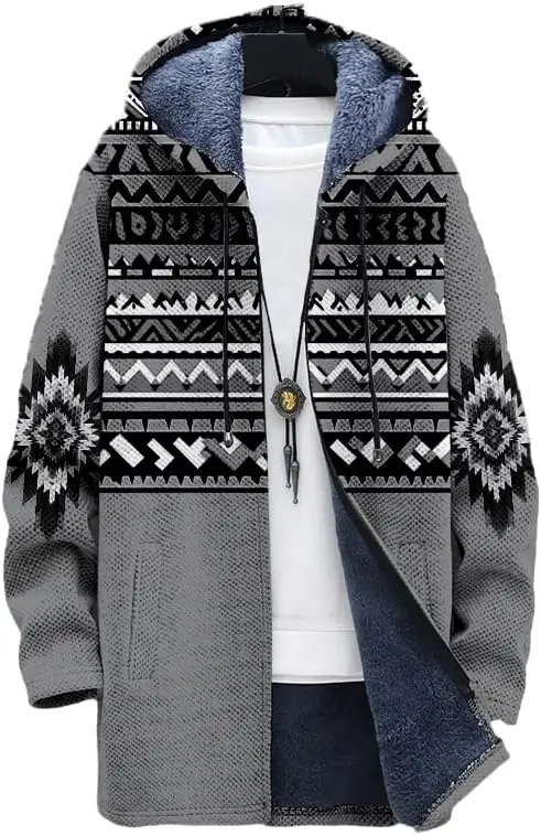 Men's Aztec Jacket Cardigan Western Cowboy Hoodies Fleece Lined Full Zipper Cable Knit Lined Sweater Coats 01