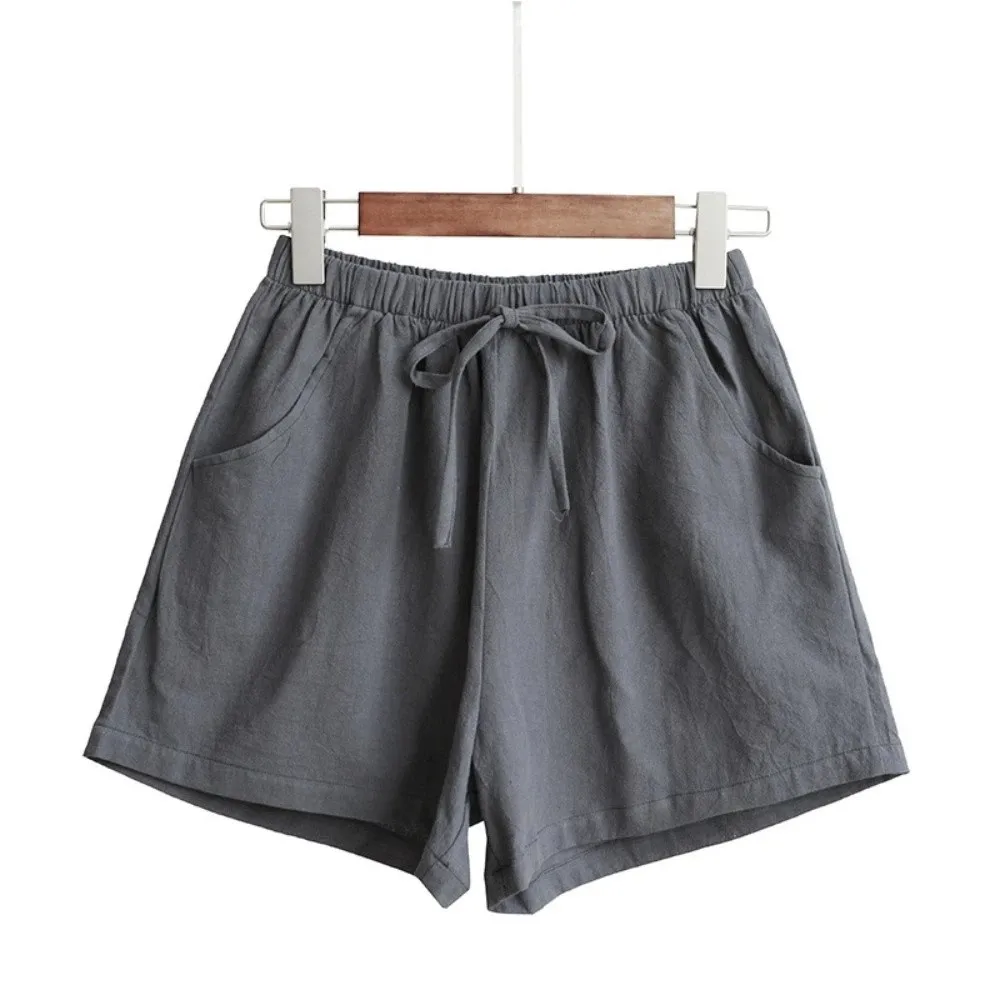 Casual High Waist Cotton Linen Shorts a-Line Loose Women Shorts Wide Leg Workout Shorts Summer