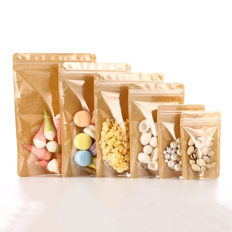 

1000Pcs Stand up One Side Clear Kraft Paper Zip Lock Bags High Clear Plastic Window Resealable Snack Coffee Spices Gifts Pouches