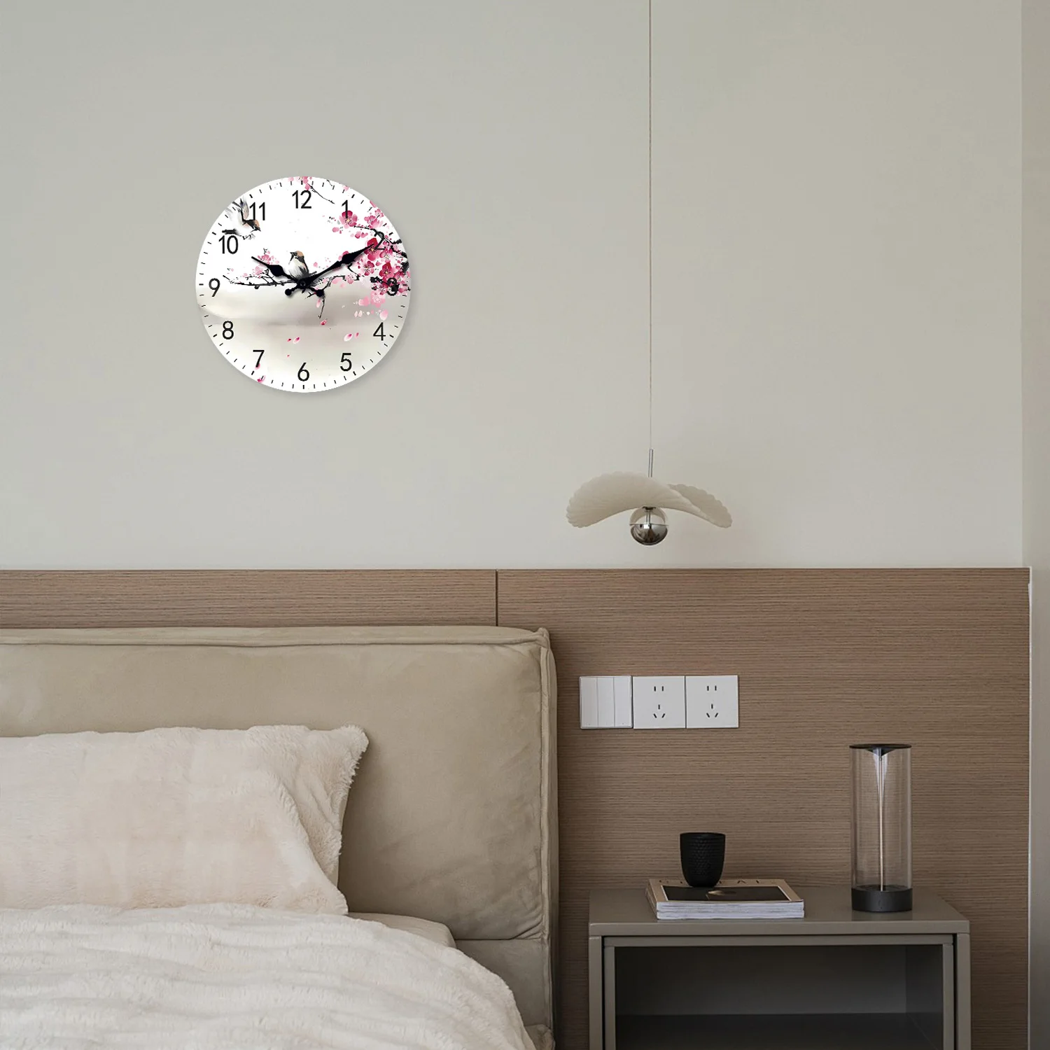 Modern Art Watercolor Cherry Blossom Branches with Two Birds Pattern Wooden Wall Clock Living Room Bedroom Kitchen Home Decor Silent Quartz Clock Holiday Gift 10-Inch 12-Inch 14inch 16inch (No Battery)