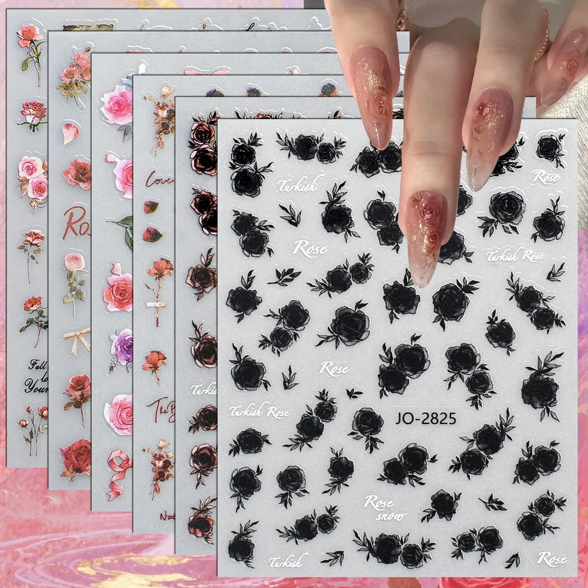 3 bis 12 Blatt 3D Rosenblüten-Nagelaufkleber Schwarz Rosa Blumenblätter Schleife Selbstklebende Nagelsticker DIY Maniküre