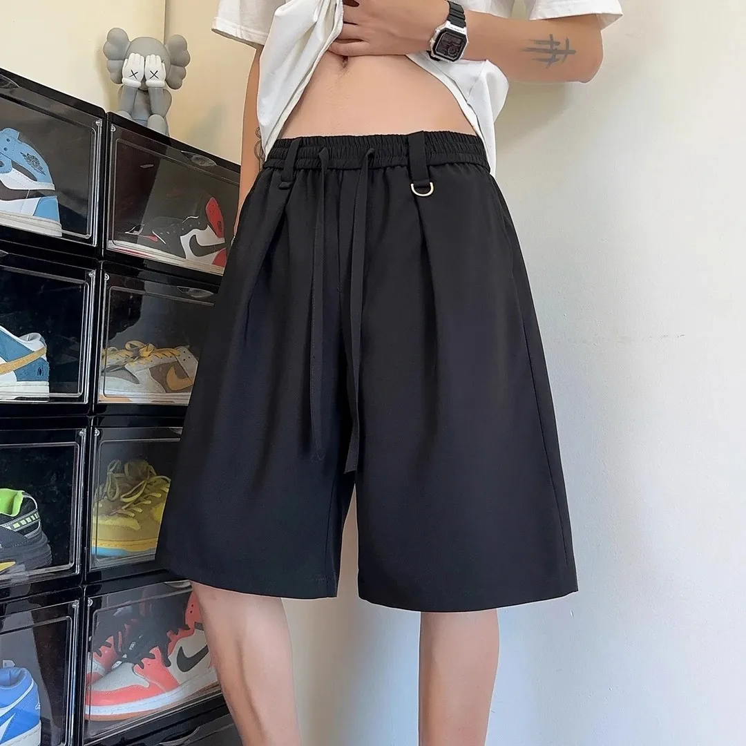 Black Ice Silk Suit For Men, Summer Thin Style, Cool And High-End Feel, Draped Pants, Loose Casual Five-Point Mid-Length Shorts