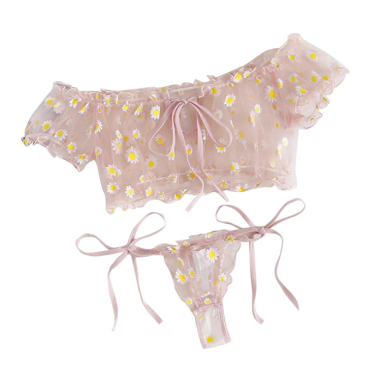 Conjunto de Lingerie Sexy com Estampa de Margaridas, Kit de Sutiã Feminino, Roupa Íntima Respirável, Top Sem Alças e Conjunto de Calcinhas