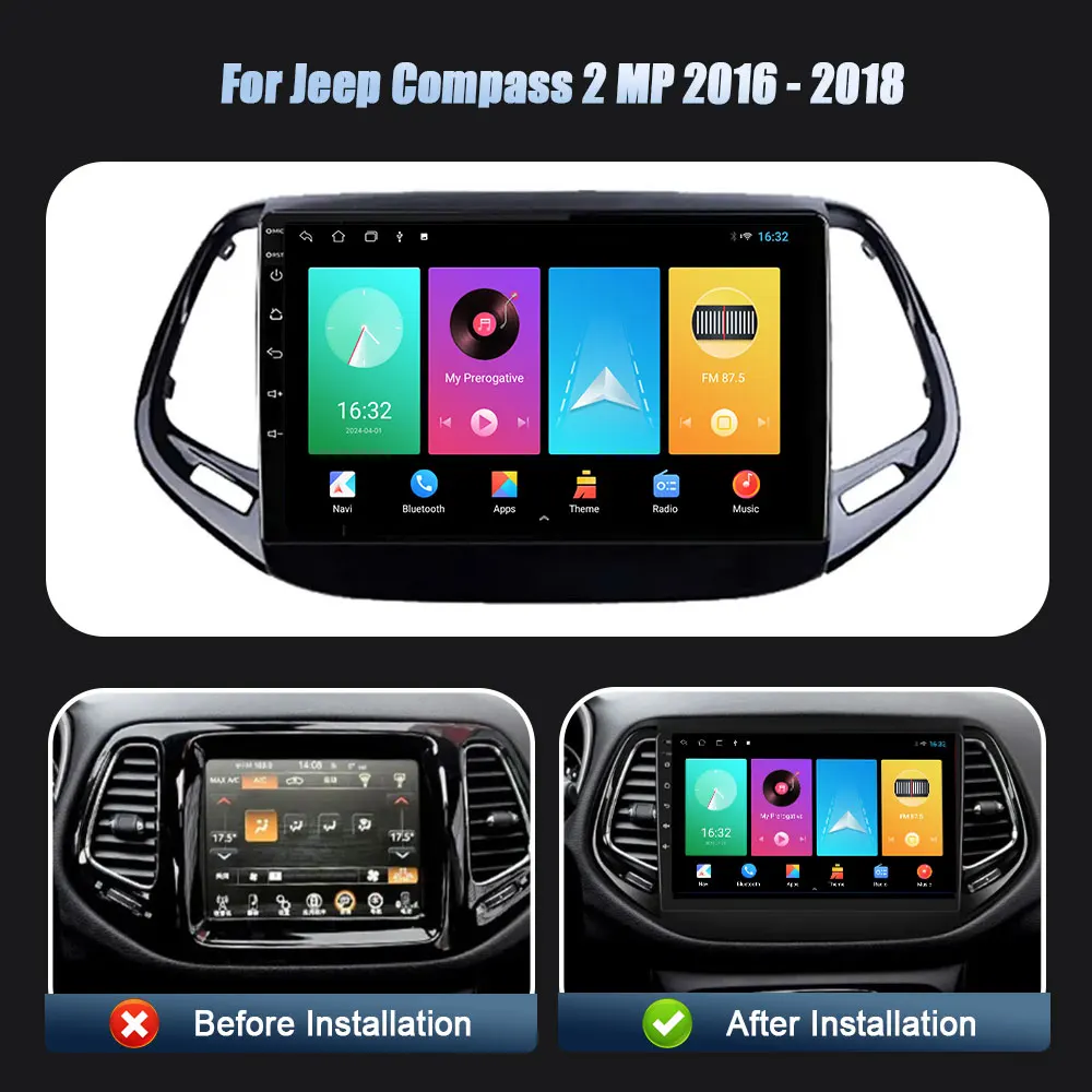 Android 14 For Jeep Compass 2 MP 2016-2018 Wireless Carplay Stereo Screen Car Radio Multimedia Navigation Player Head Unit 2DIN