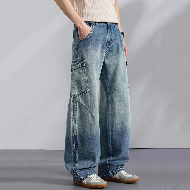 Men's Wide Leg Jeans Cargo Pants Multi-pockets Design Gradient Loose Baggy Pants Streetwear Fashion Trousers Trend Cowboys