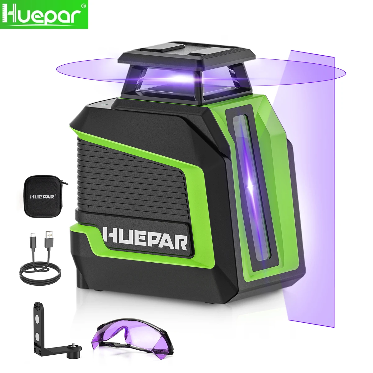 HUEPAR Purple Laser Level Self-Leveling Multi-Lines 360° Cross Line with Pulse Mode,3 Brightness,Magnetic Base for Construction