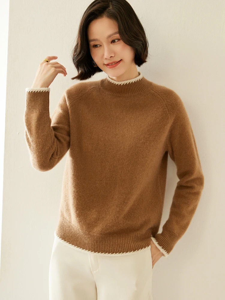 Women 100% Cashmere Sweater Mock-neck Long Sleeve Pullovers Autumn Winter Thick Casual Collision Color Cashmere Knitwear Top