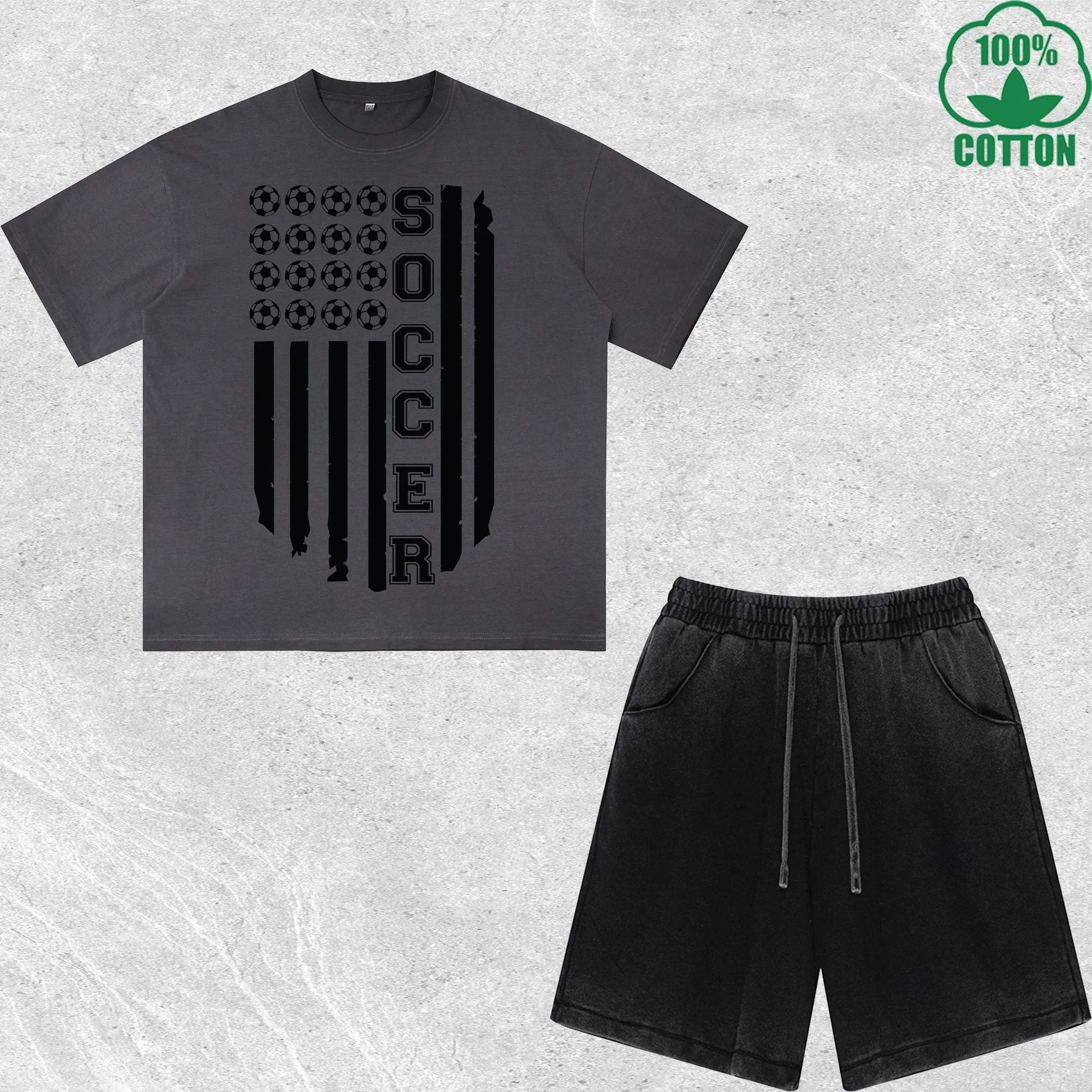 

Soccer National Flag Printed Dirty Wash T-Shirt Shorts Set Combo Loose Trendy Fashionable 100%Cotton Short Value Pack