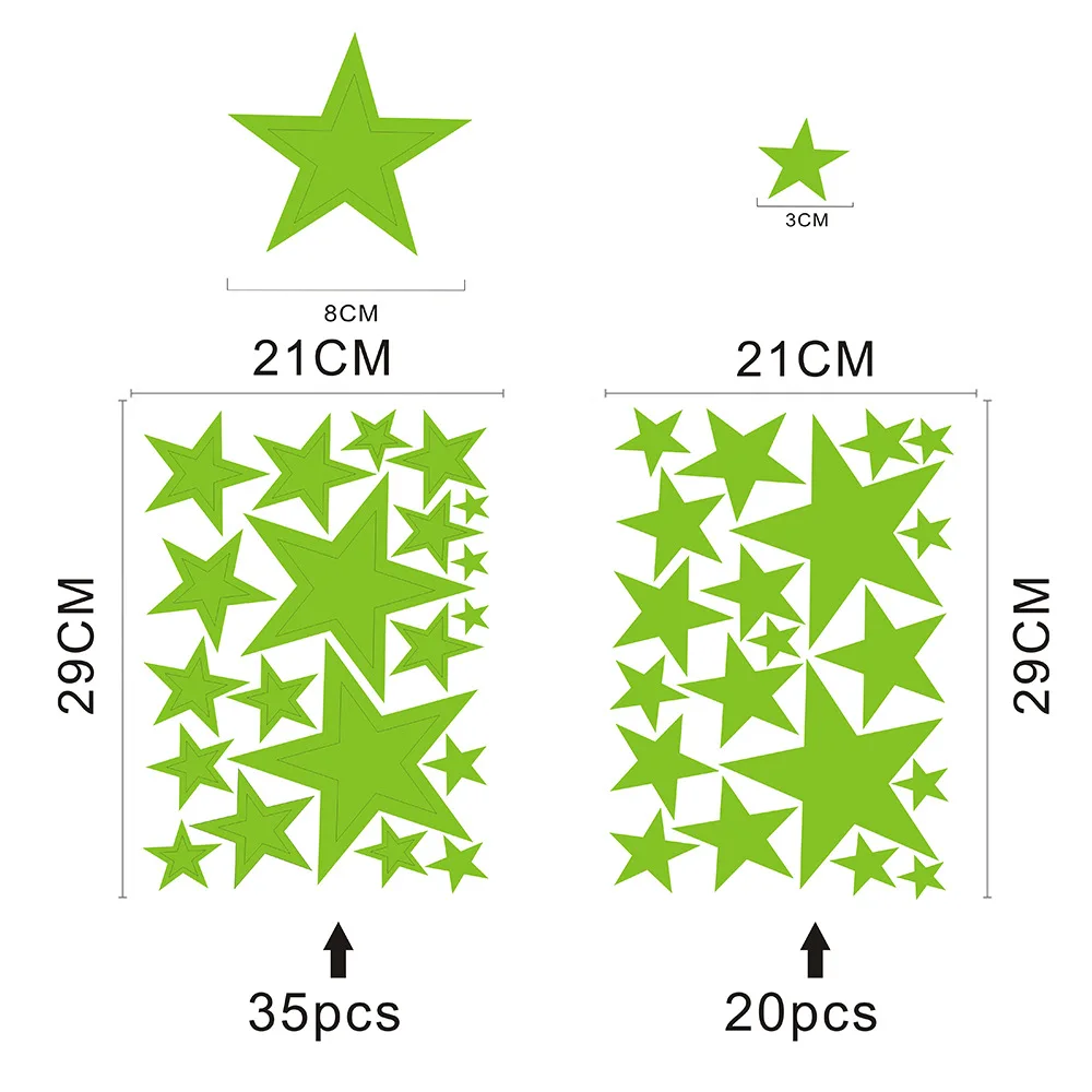 55 Sheet of Luminous Star Wall Stickers, 2D Fluorescent Stickers for Home Kids' Bedroom Ceiling & Wall Art Decals