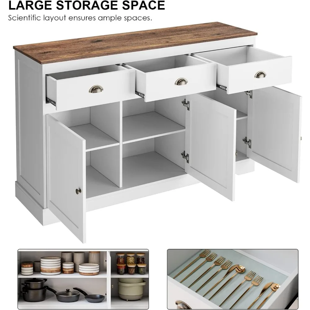 خزانة بوفيه بيضاء للتخزين، خزانة جانبية لخادم المزرعة، خزانة مشروبات مع 3 أدراج و3 أبواب، أرفف قابلة للتعديل، وحدة تحكم Ta #4