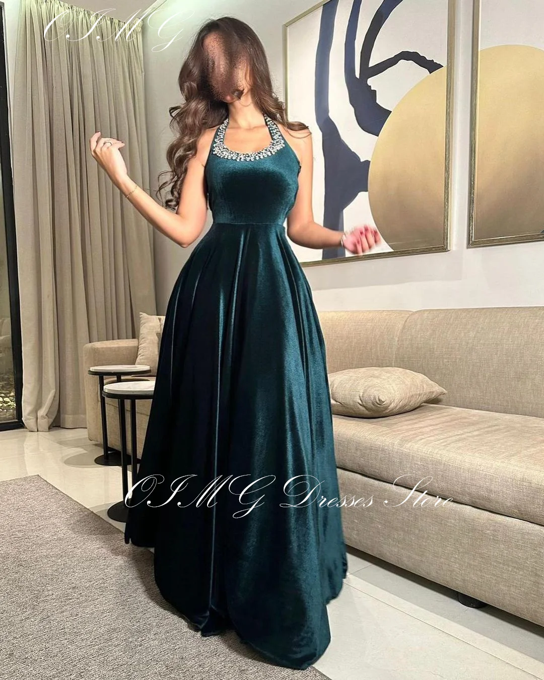 

OIMG Gorgeous Crystals Prom Dresses Velvet Sleeveless Women Ruched Customized Green Evening Gowns Occasion Formal Party Dress