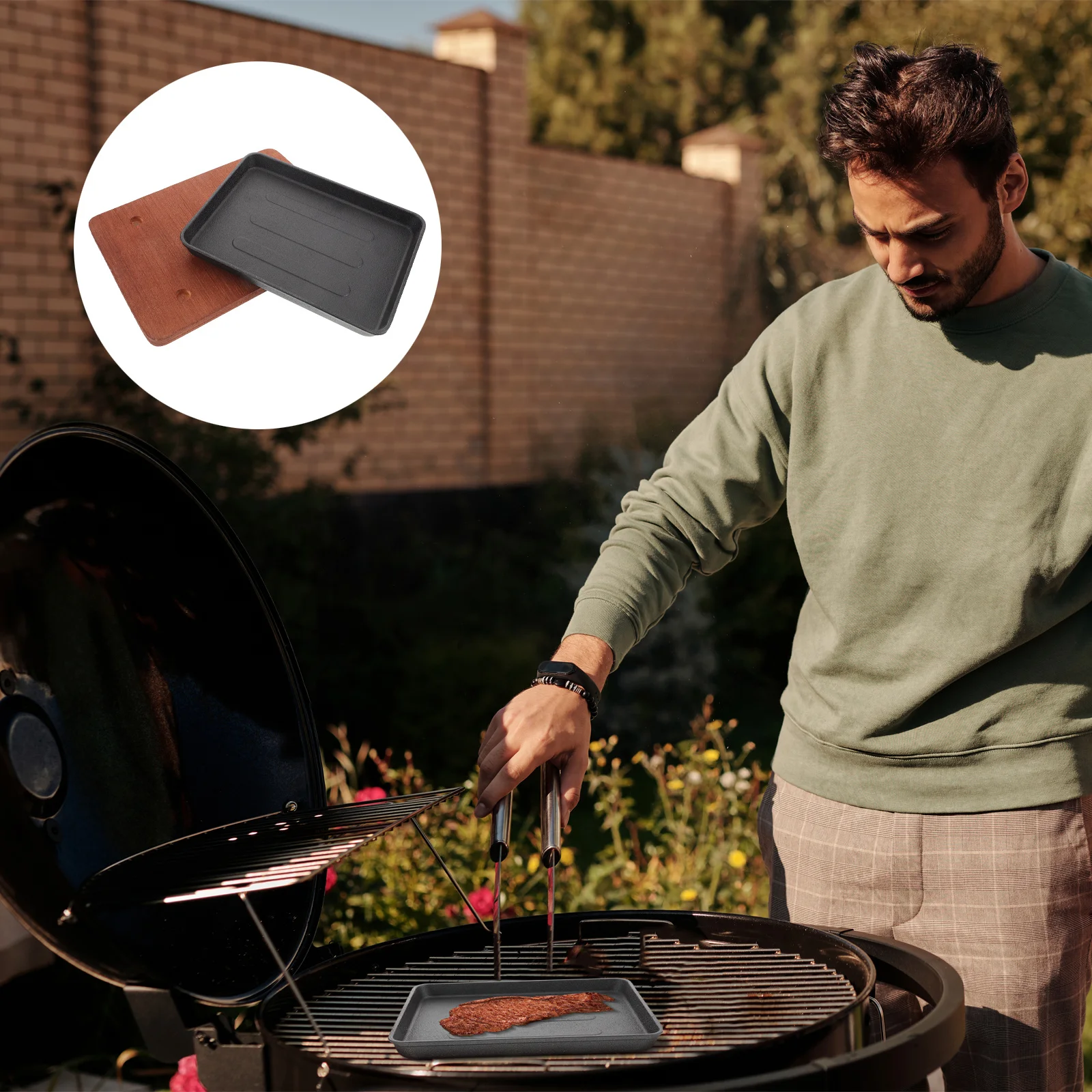 

1Set Cast Iron Steak Plate Grill Pan Dual Handle Steak Frying Pan with Wooden Serving Tray Stove Top Hot Plate Kitchen