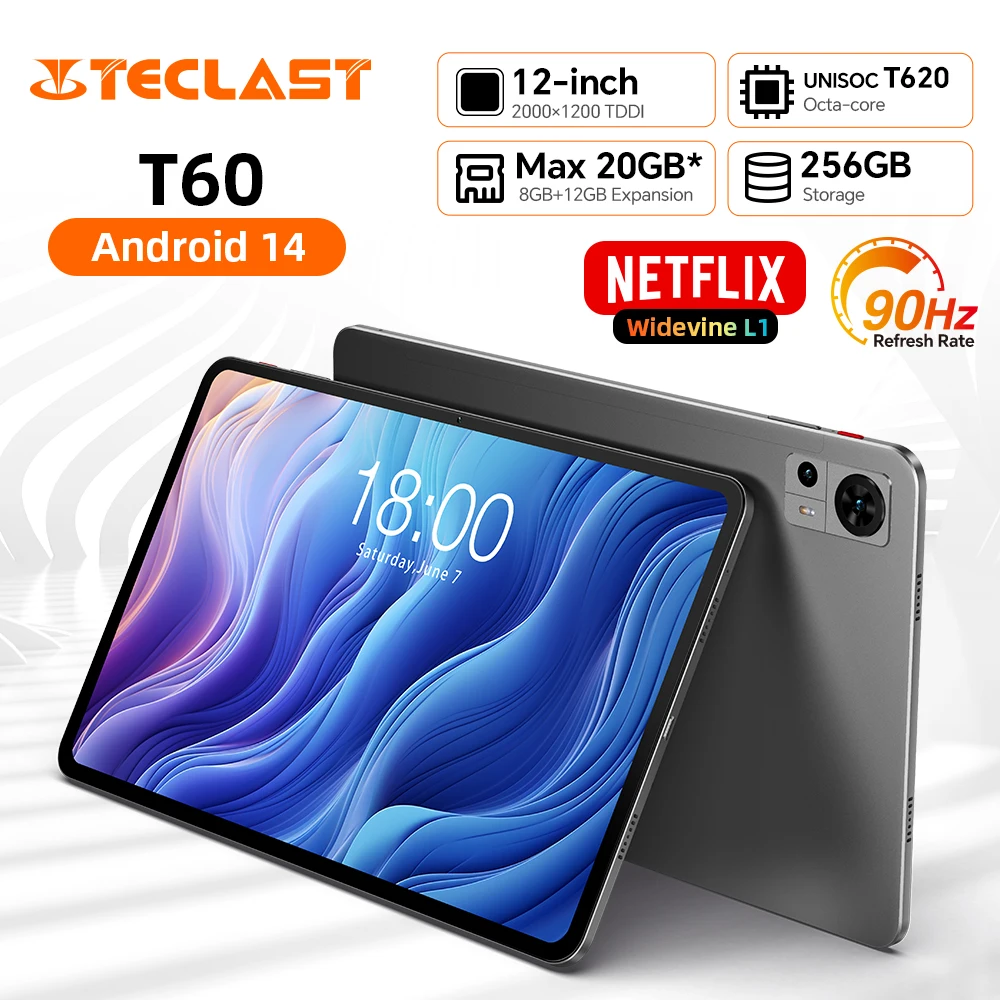 Teclast T60 12 inch tablet Android 14 2000x1200 T620 8 Core CPU Max 20GB RAM 256GB ROM 4G LTE type C 8000mAh Widevine L1