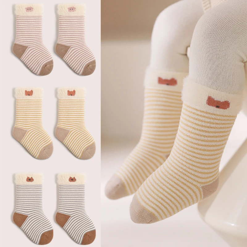 

Striped Baby Socks Newborn Kids Winter New Thickened Warm Velvet Cute Cartoon Socks Girls Infant Boys Boneless Mid Socks 0-5Y