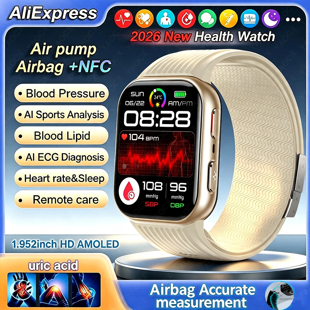Luftpumpen-Smartwatch Blutdruckmessung KI-EKG-Diagnose Harnsäure-Lipid-Monitor SOS Sturzerkennung BT-Anruf Smartwatches für Männer und Frauen
