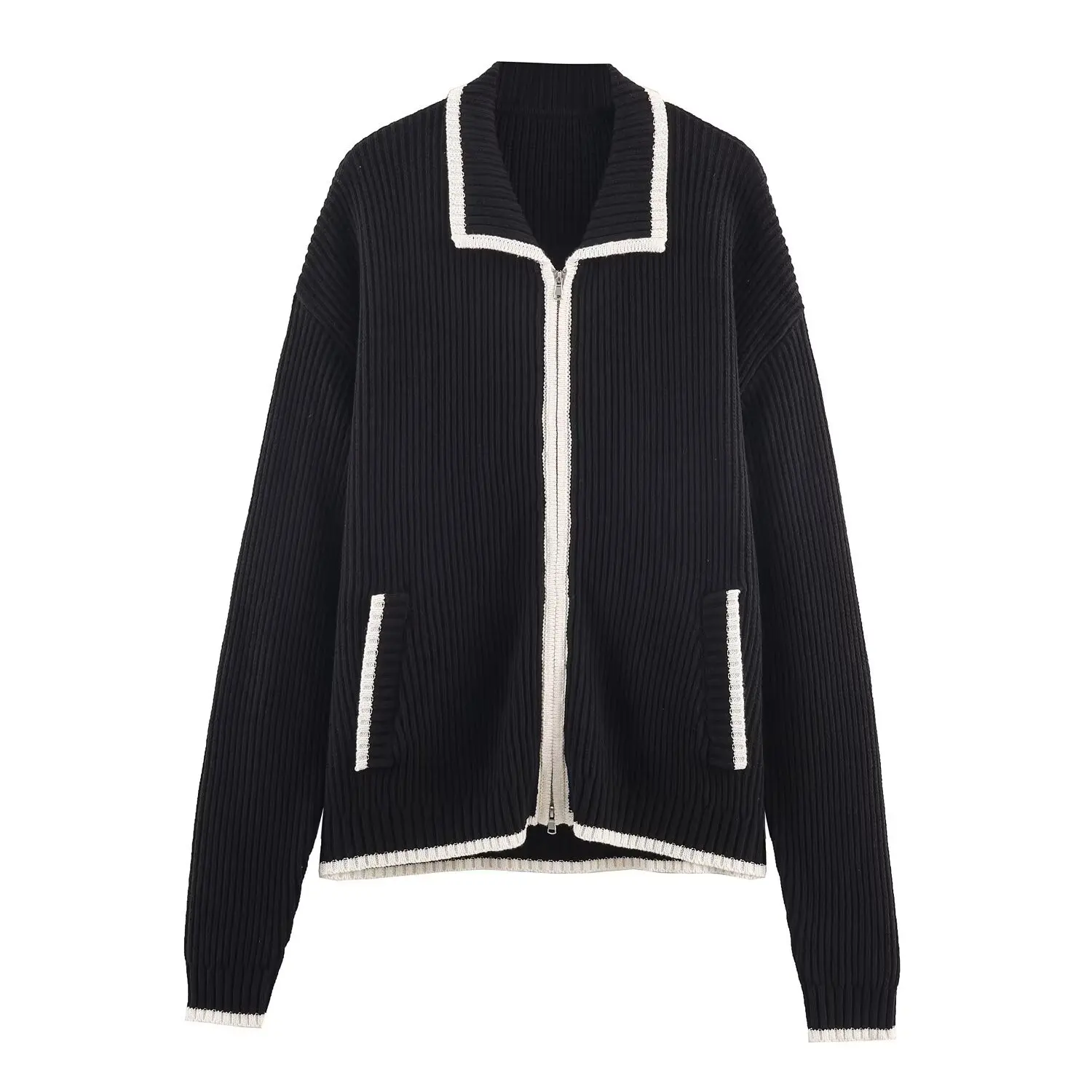 

Женский облегающий вязаный кардиган с воротником и длинными рукавами, текстурированный карманный свитер с цветными блоками, новый зимний шикарный топ