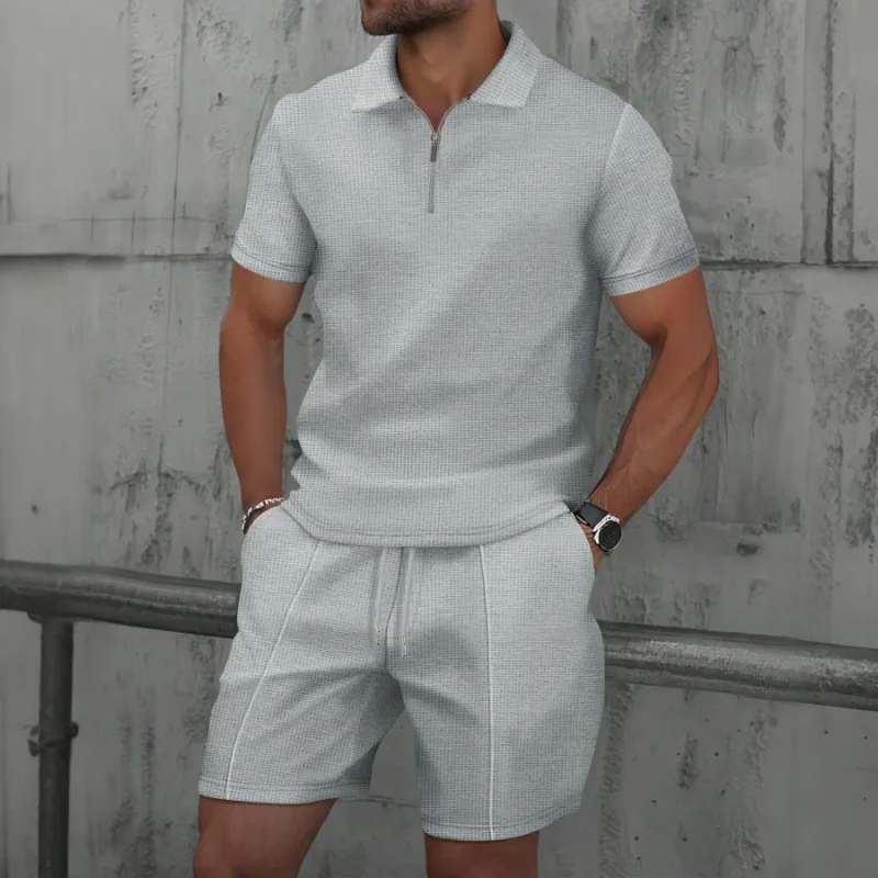 Summer Men's New Zipper Solid Color Lapel Short-sleeved T-shirt Shorts Casual Suit