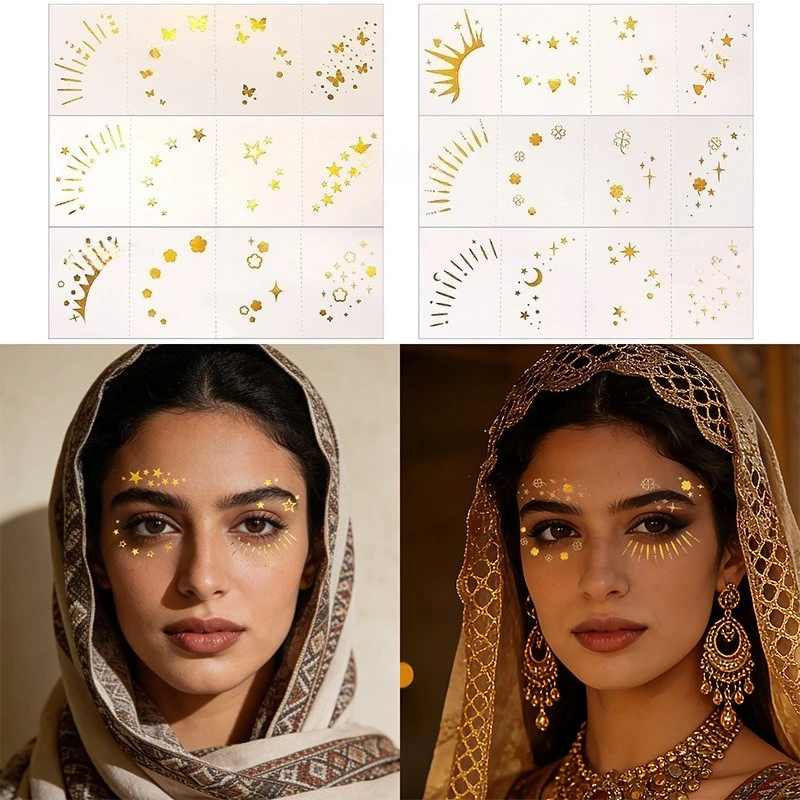 6 Sheets Gold Glitter Eye Temporary Tattoo Stickers Waterproof Face Body Art for Party Festival Makeup Decoration Accessory Gift