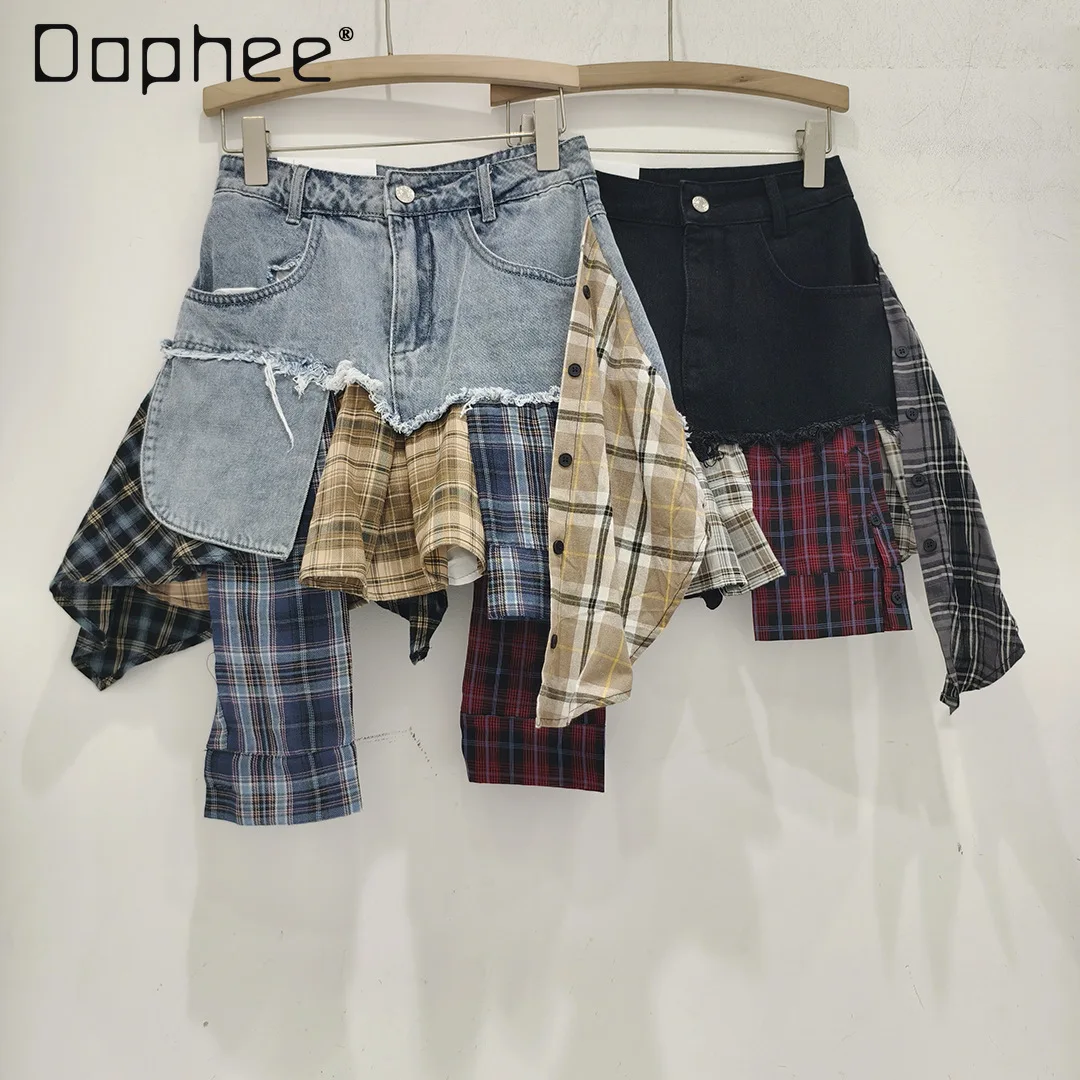 Women's Irregular Plaid Denim Skirt Vintage Patchwork Raw Edge Pleated Mini Skirt Street Fashion Y2k Female Clothing