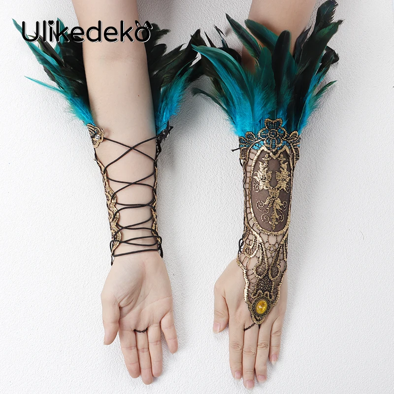 Rave rękawiczki damskie koronkowe piórko mankiety rękawy gotyckie rękawiczki Party Showgirl Feather Arm mankiety Steampunk akcesoria pióropusz