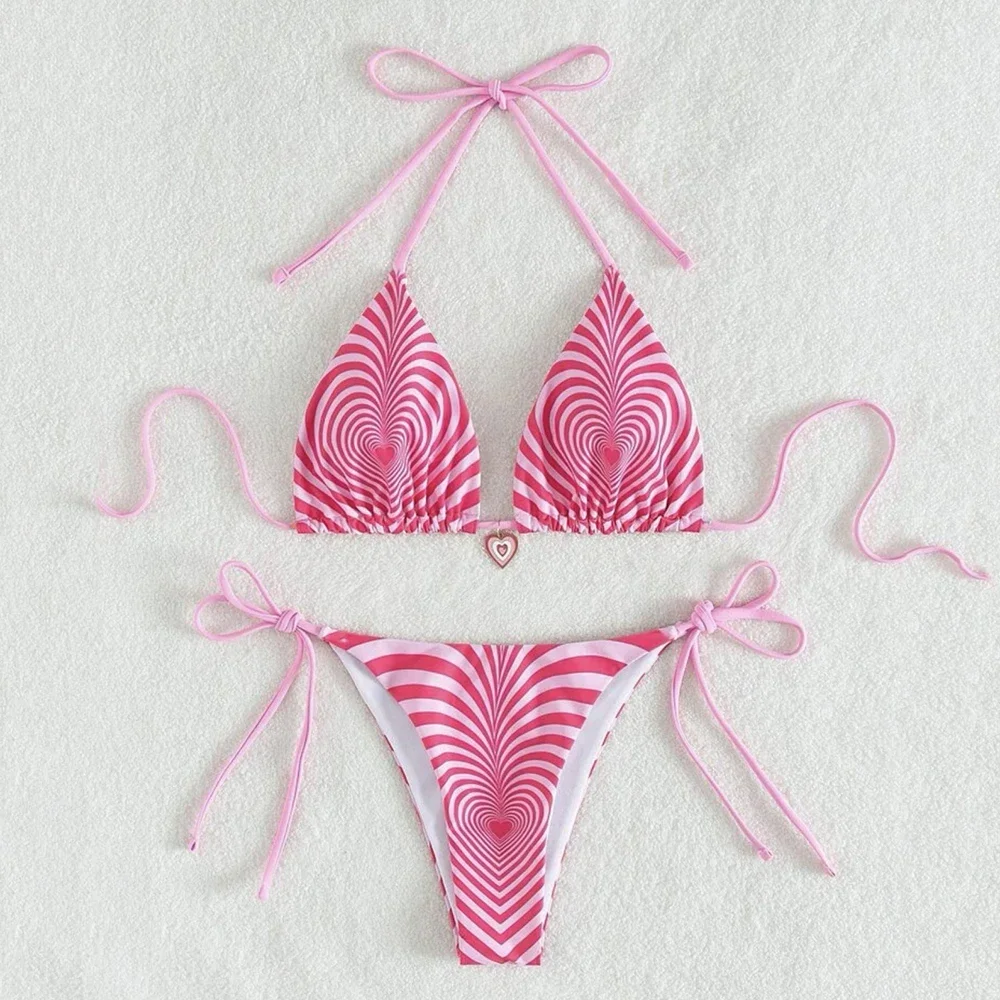 Pink Heart Striped Swimwear String Halter Micro Bikini Thong 2025 Sexy Swimsuit Women Ladies Bathing Suit Triangle Bikinis Sets